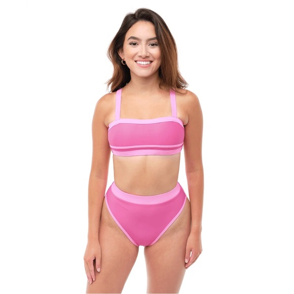 93 Play Street CARMEN Poppy Pink Stripe Bandeau Bikini Top and bottom NWOT - Picture 1 of 3